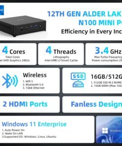 Alternative view of N100 Mini PC. 16GB RAM 512GB M.2 SSD Mini Computers. Intel 12th Gen Alder Lake N100 (3.4GHz) Micro PC. Gigabit Ethernet. 4K Dual Display. WiFi. BT. VESA/Home/Business Small pc