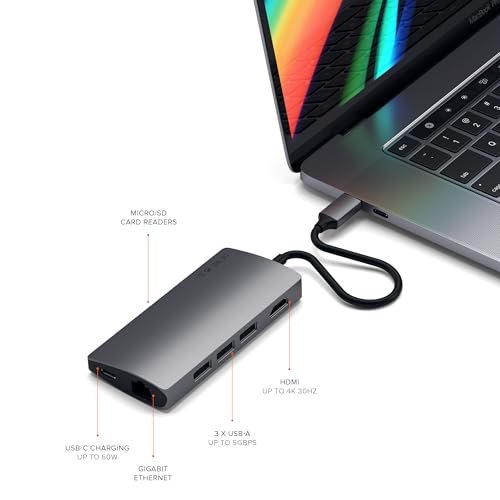 SATECHI USB C集線器8合1多埠轉接器V2,帶4K HDMI。 60W PD充電。 3 USB-A以太網。 Micro/SD讀卡器。 MacBook。 Windows和USB Type-C設備-太空灰:圖片 5