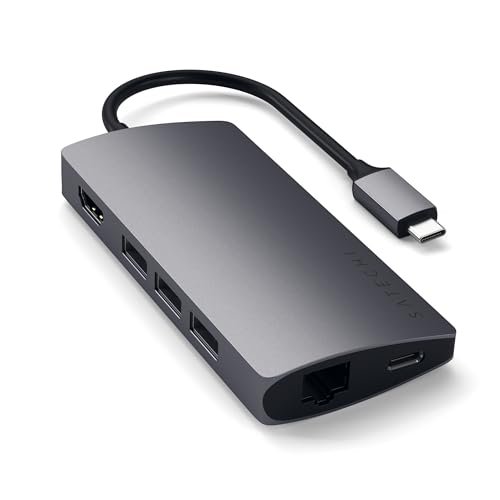 SATECHI USB C集線器8合1多埠轉接器V2,帶4K HDMI。 60W PD充電。 3 USB-A以太網。 Micro/SD讀卡器。 MacBook。 Windows和USB Type-C設備-太空灰