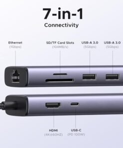 Alternative view of UGREEN Revodok 107 USB C集線器。 7合1底座，帶千兆乙太網。 4K@60Hz 高清多媒體介面（High Definition Multimedia Interface） 100W PD充電。 SD/TF讀卡器。 以及2個與MacBook相容的A類數據埠。 iPad。 iPhone 16/15 Pro Max