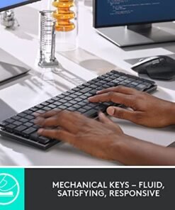 Alternative view of 羅技Mx機械無線發光效能鍵盤。 線性開關。 背光按鍵。 藍牙。 USB-C。蘋果電腦。 窗戶。 Linux。 網間網作業系統。 安卓。 金屬。 石墨